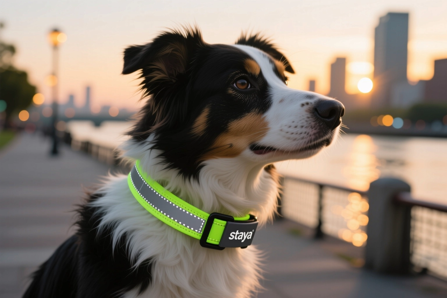 Собака в ошейнике staya с отражателями на набережной